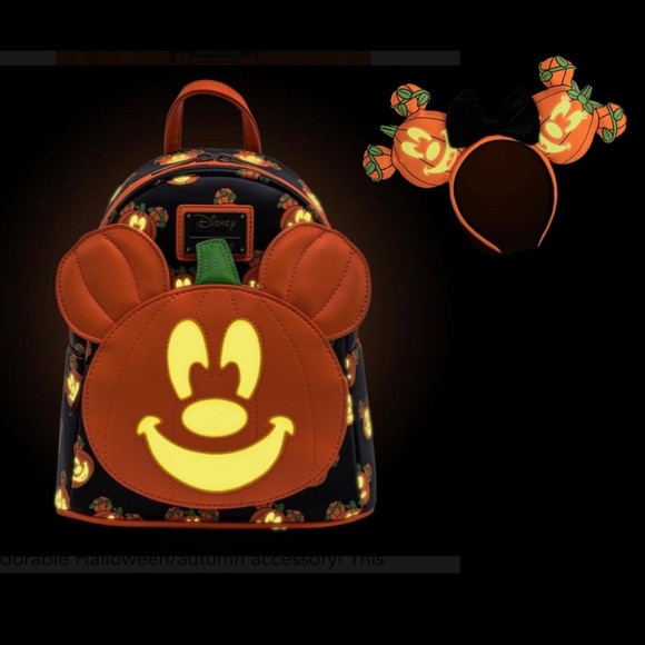 Loungefly Disney Mickey Mouse Pumpkin Glow in the Dark Mini Backpack and Ears